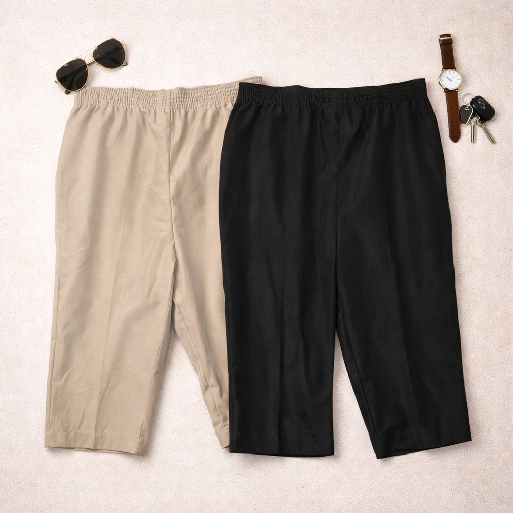 Penmans Plus 18 Capri Pants Lot 2 Elastic Waist Black Beige Pull On Never Worn
